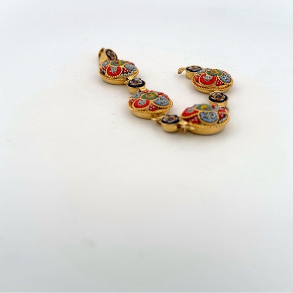Vintage Italian gold plate micro mosaic link bracelet with white blue red colors - Picture 4 of 4